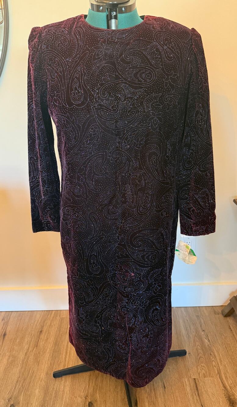 Vintage R&K Originals NOS Purple Long Sleeve Dress Paisley Glitter Size 18